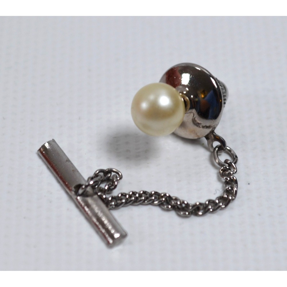 Vintage Silver Tone Faux Pearl Tie Tack Pin w/ Chain Bar Clasp